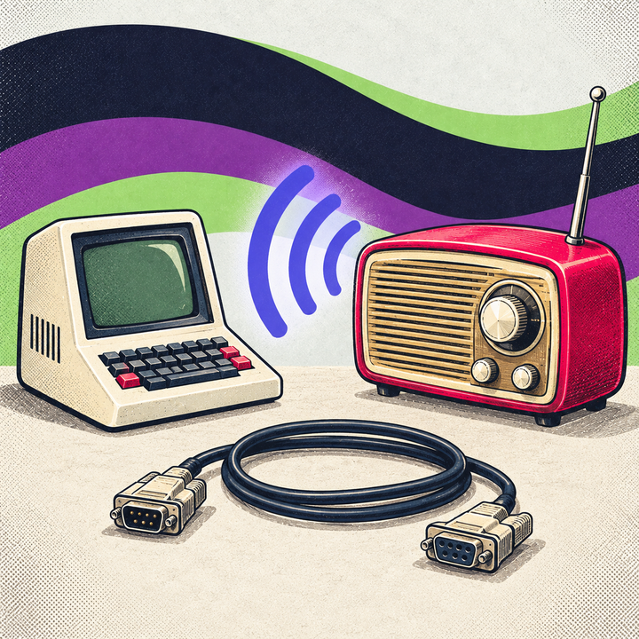 Illustration of a vintage computer terminal and radio using a wireless connection, with an unplugged serial cable below.