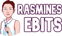 Stiliseret version af Rasmine der holder en loddekolbe med tekst - Rasmines eBits logo