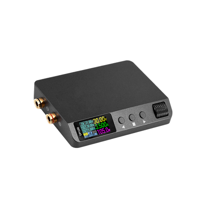 ALIENTEK DP100 portable DC power supply, angled view with display and banana sockets