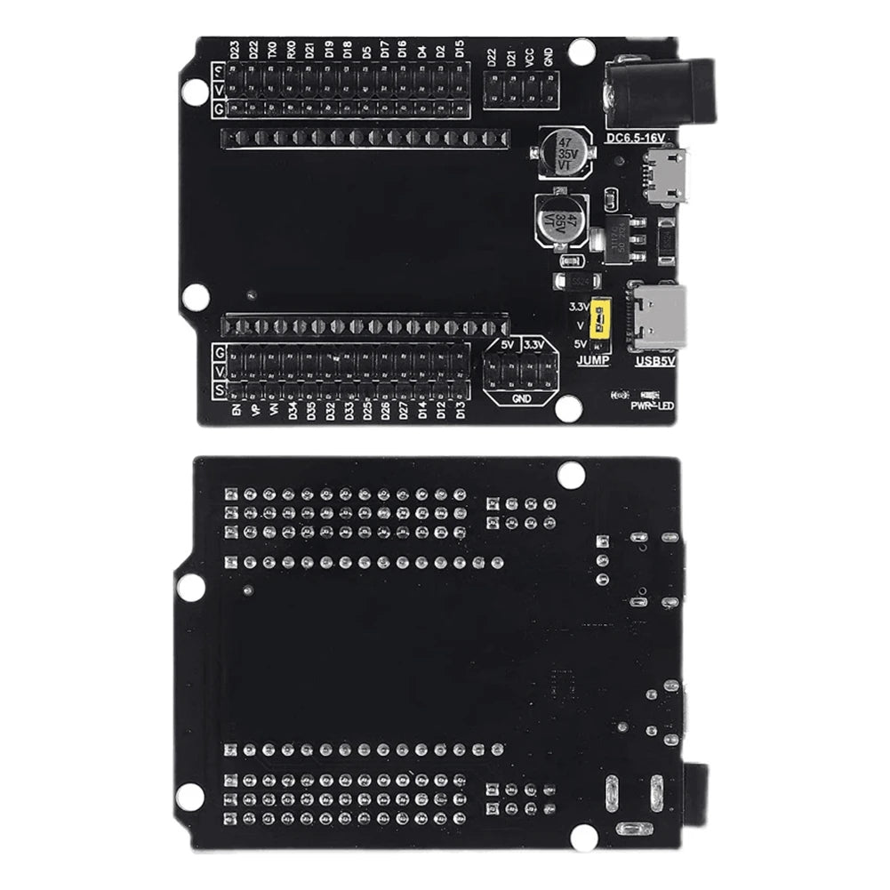 forsiden og bagsiden af et ESP32 udvidelsesboard