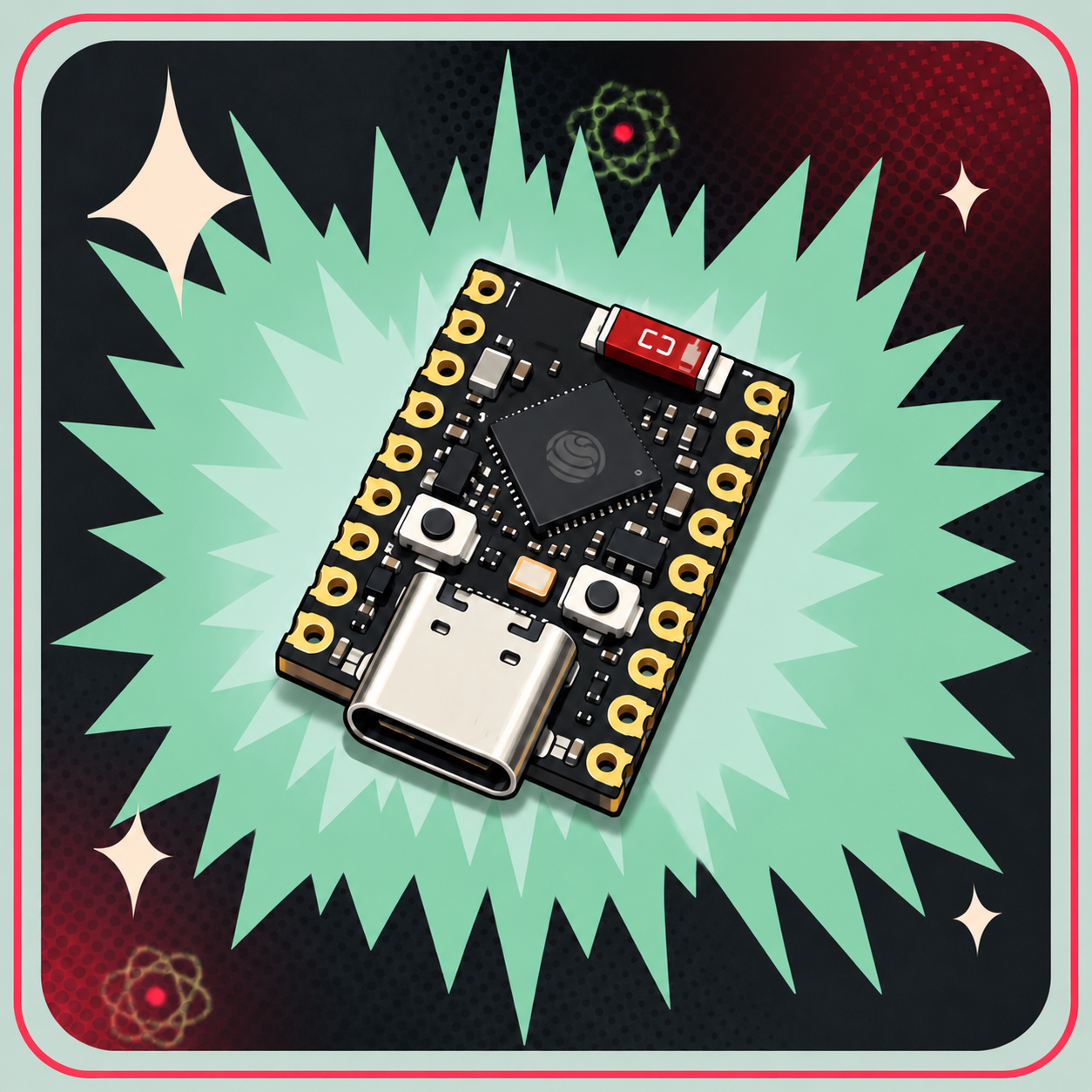 Cartoonillustration af ESP32-S3 SuperMini uden stiftlister på eBits produktbaggrund