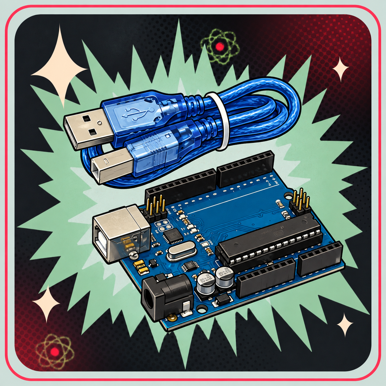 Image of Arduino Uno R3 med USB kabel – eBits retroillustration