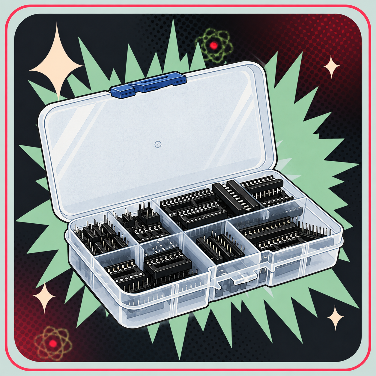 Image of DIP IC sokkelsæt 66styk DIP-6/8/14/16/18/20/24/28 – eBits retroillustration