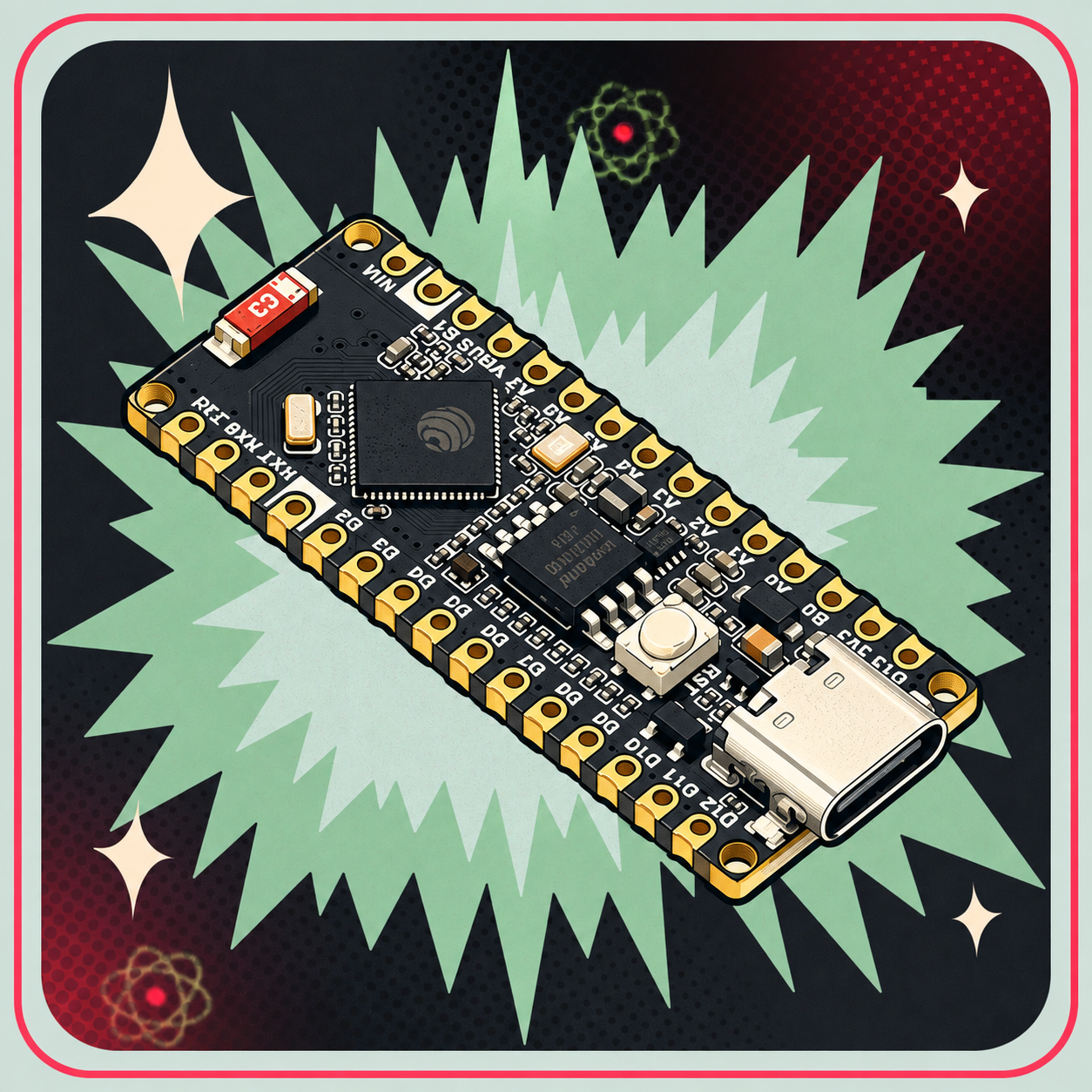 Image of ESP32 S3 Nano M udviklingsboard på eBits' retrobaggrund