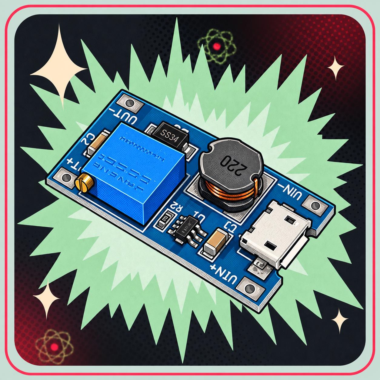 Image of MT3608 DC-DC step up modul med MICRO USB – eBits retroillustration