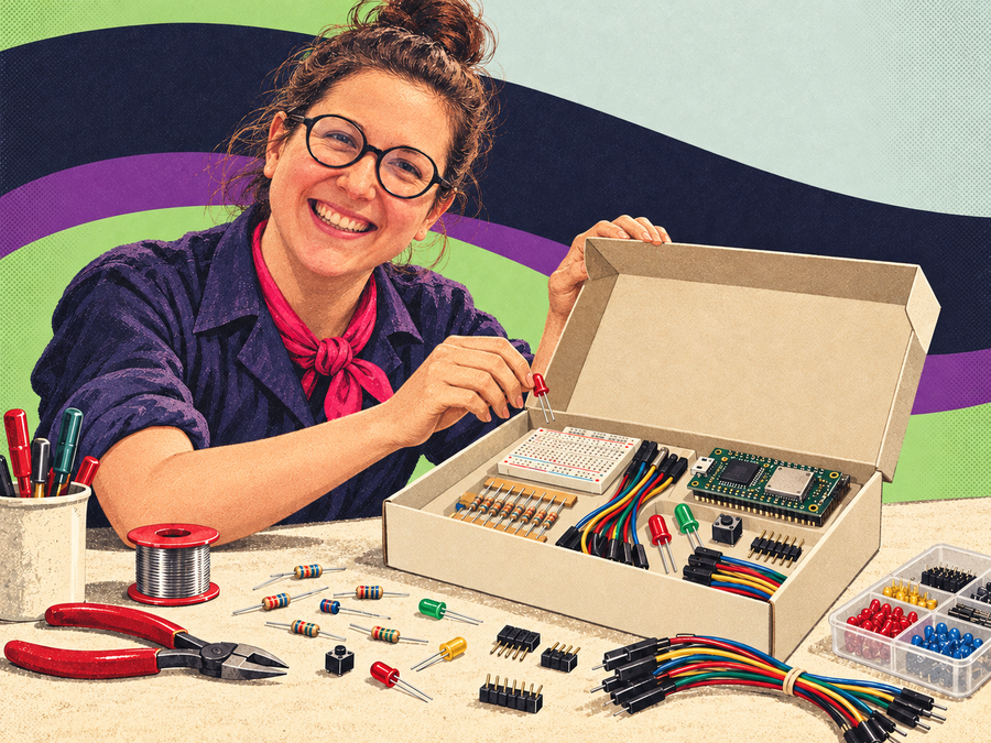 Rasmine visar ett kit med elektronikkomponenter.
