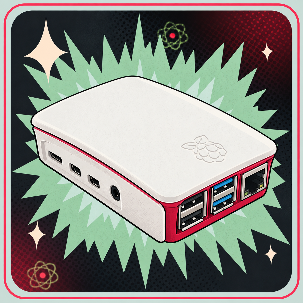 Officiel Raspberry Pi 4B ABS Kabinet Rød/Hvid – eBits retroillustration