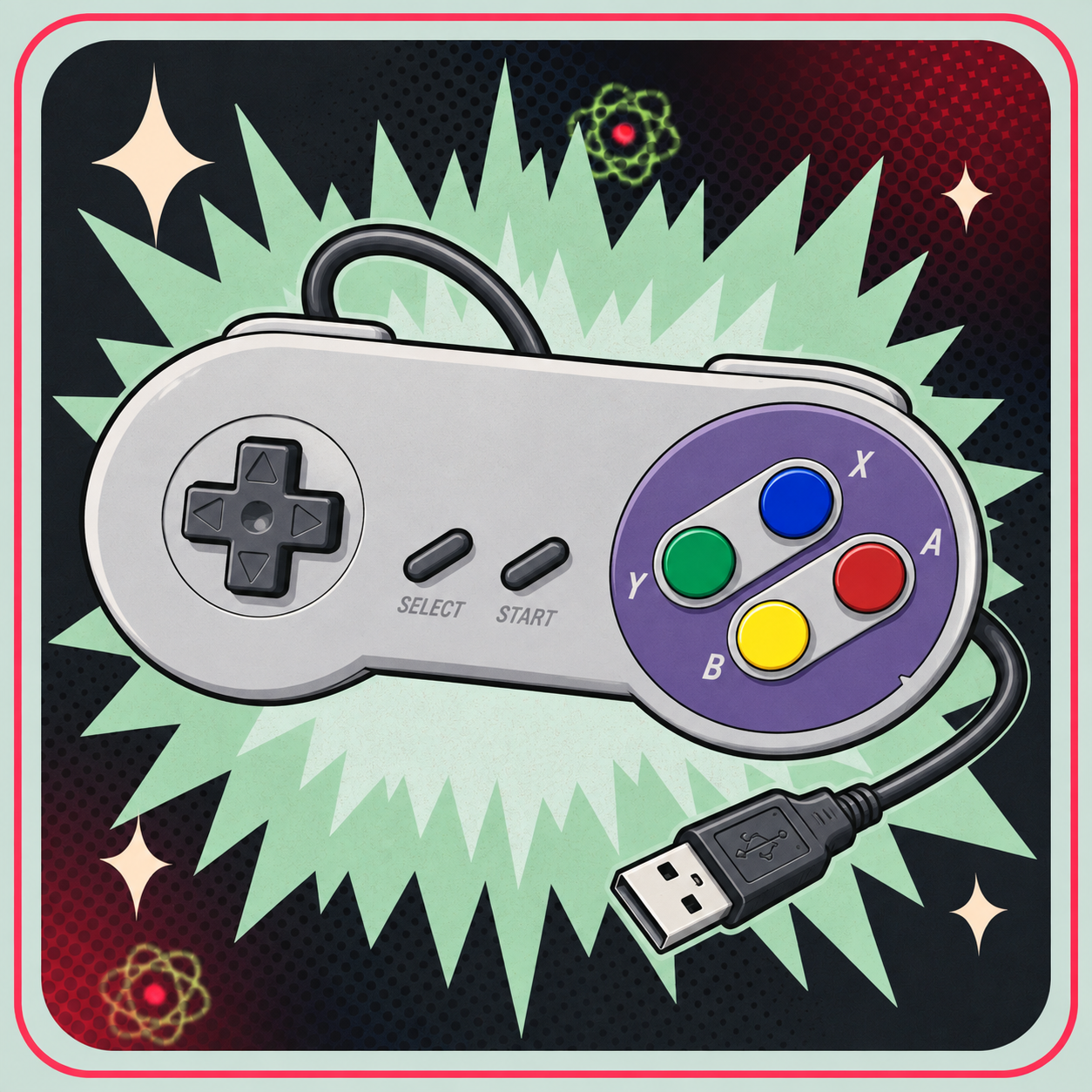 USB Controller/Gamepad til Raspberry Pi “SNES” layout – eBits retroillustration