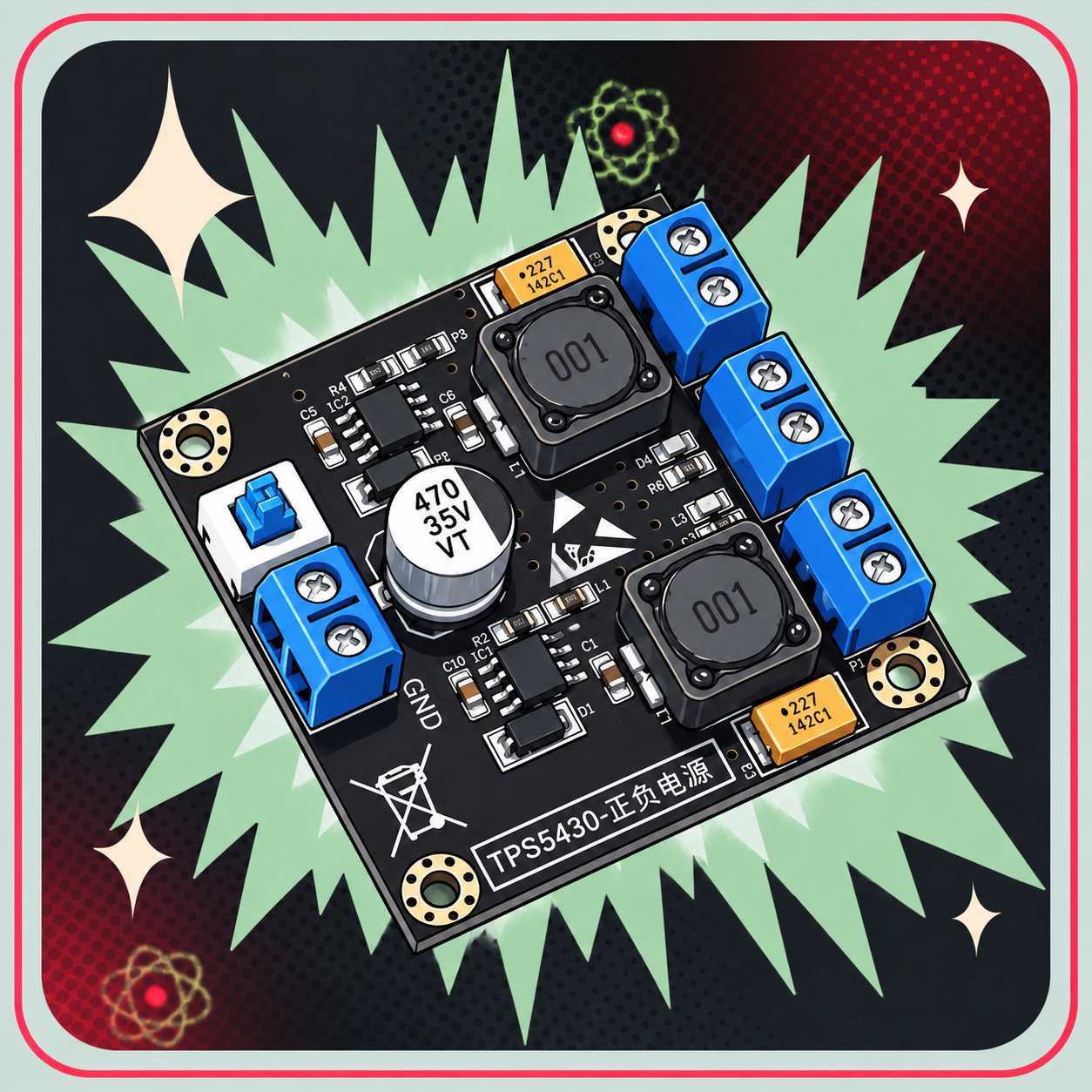 Image of TPS5430 Dual Output Step-Down Strømforsyningsmodul (±15V) – eBits retroillustration