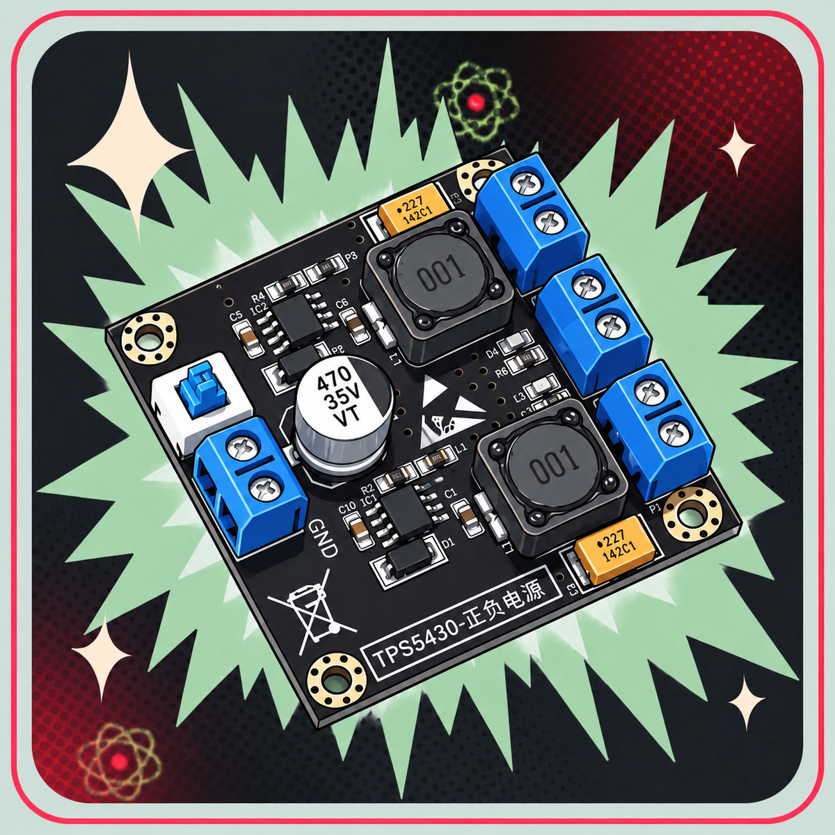 TPS5430 Dual Output Step-Down Strømforsyningsmodul (±15V) – eBits retroillustration