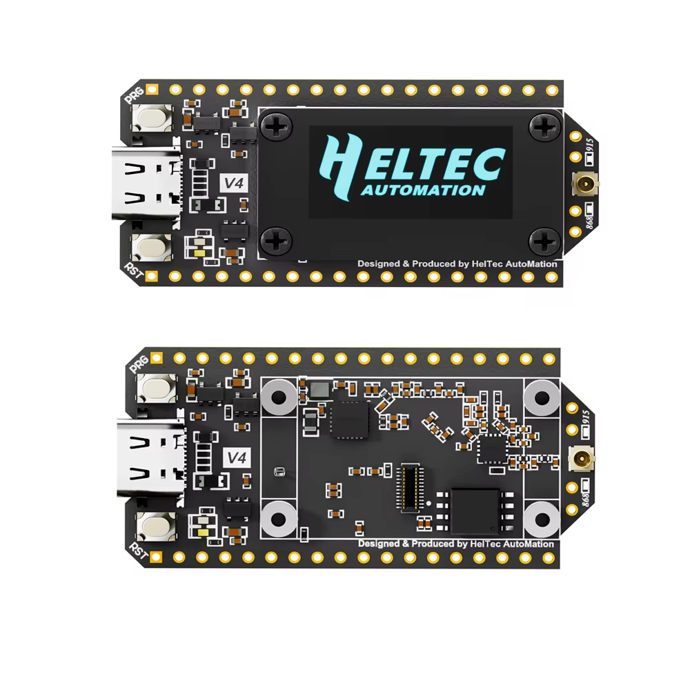 Heltec V4 print og aftageligt OLED-display, set ovenfra