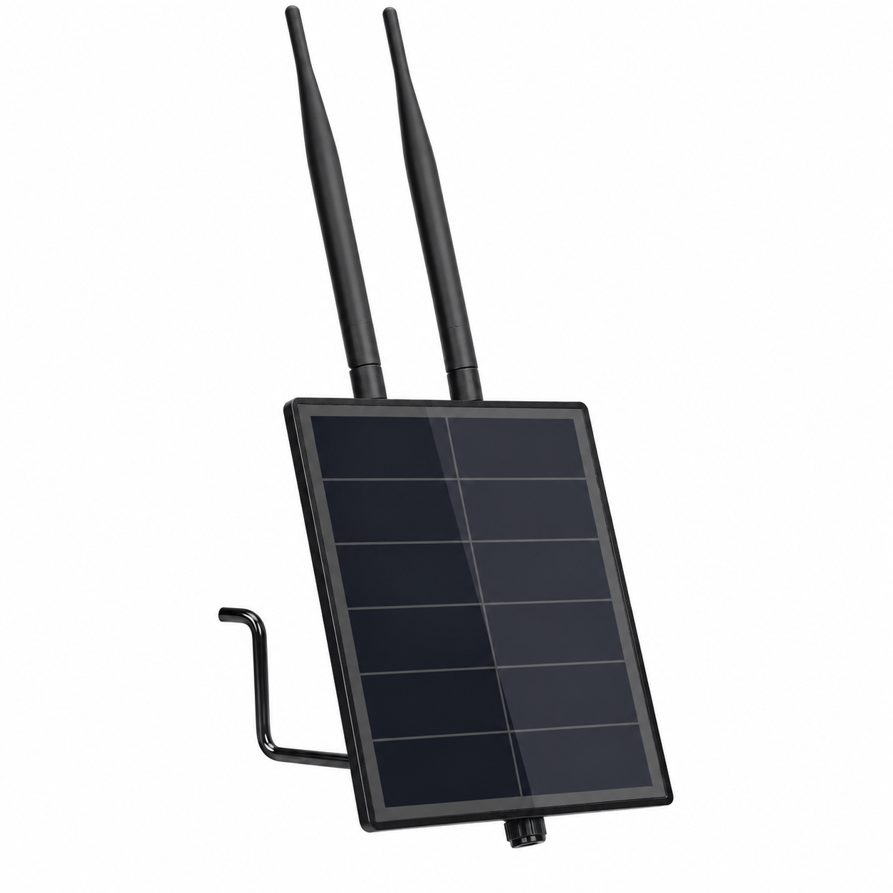 D5 solcellekabinet med antenner og monteringsarm, skrå visning