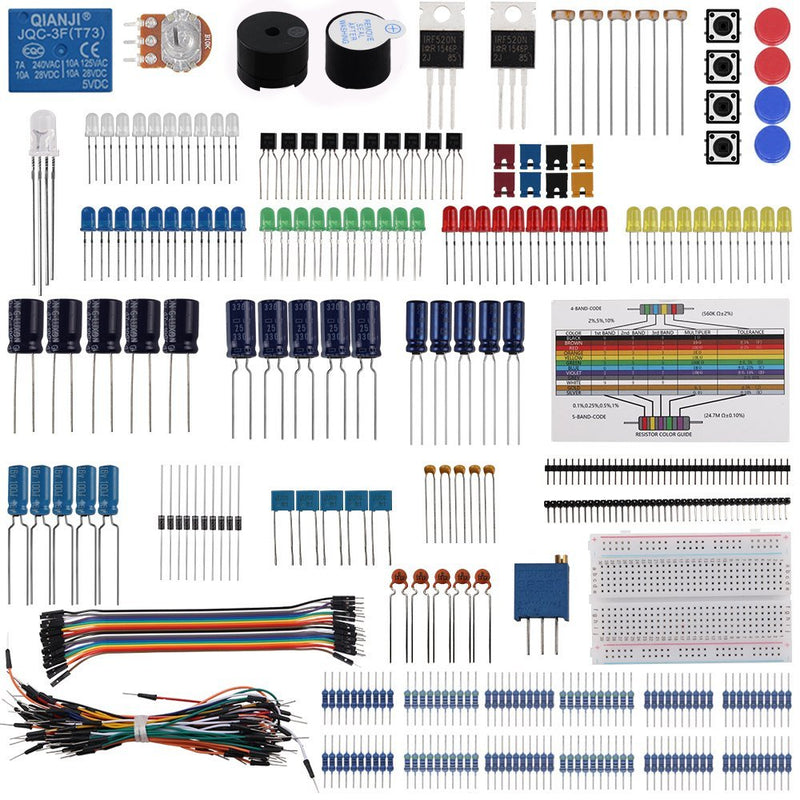 Elektronisk komponent Kit indeholder modstande, kondensatorer, transistorer, LEDer, lydgivere, knapper, kabler og et relæ.