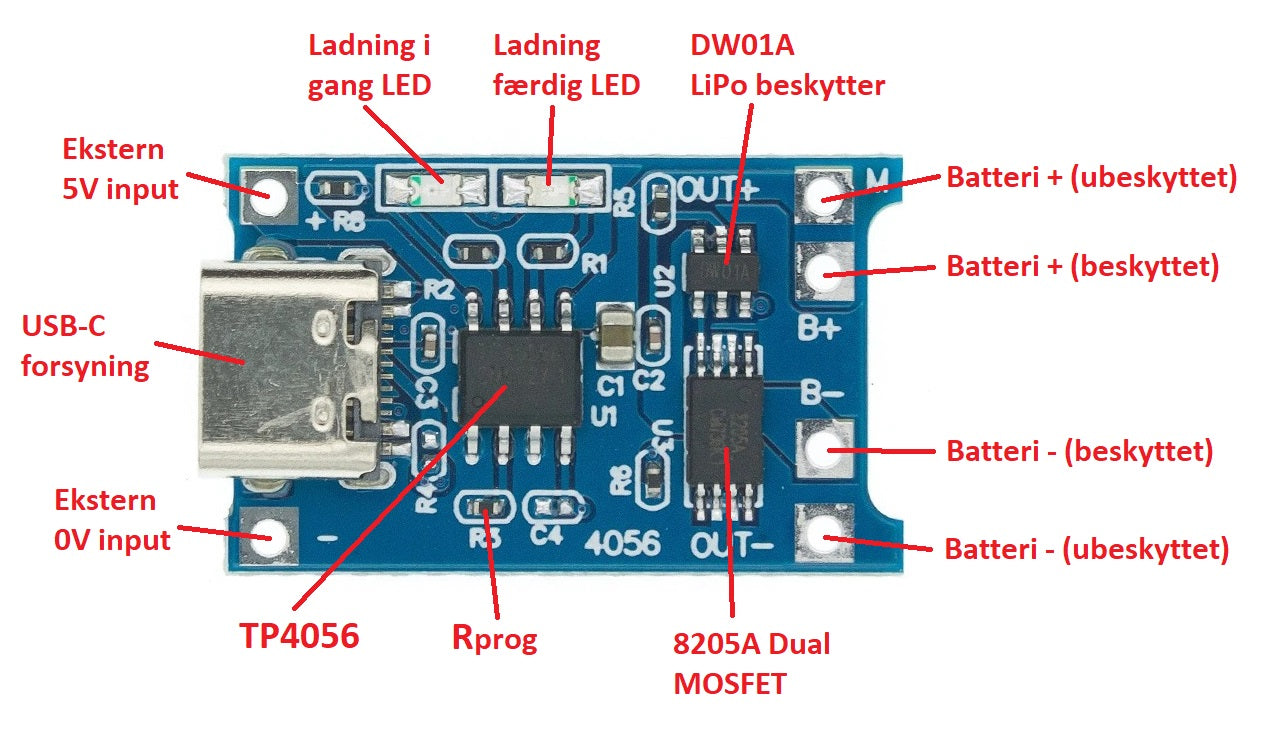 specifikationer af LiPo batteri lader med beskyttelseskredsløb TP4056