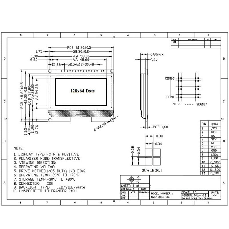 Tekniske specifikationer af 2.7" LCD display 128x64 pixels