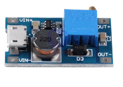 forsiden af MT3608 DC-DC step up modul med MICRO USB