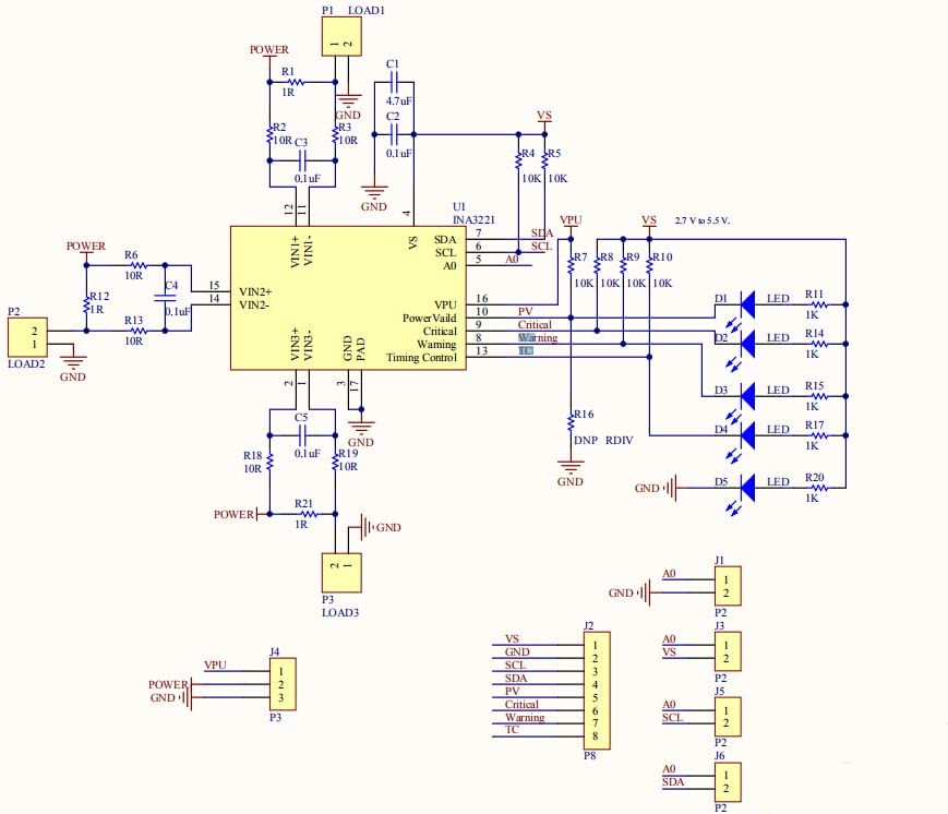 Image of Kredsløbsdiagram af en INA3221 3 kanals spænding og strømmåler