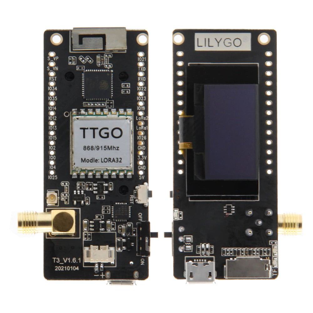 forsiden og bagsiden af LILYGO TTGO LoRa32 V2.1 868MHz