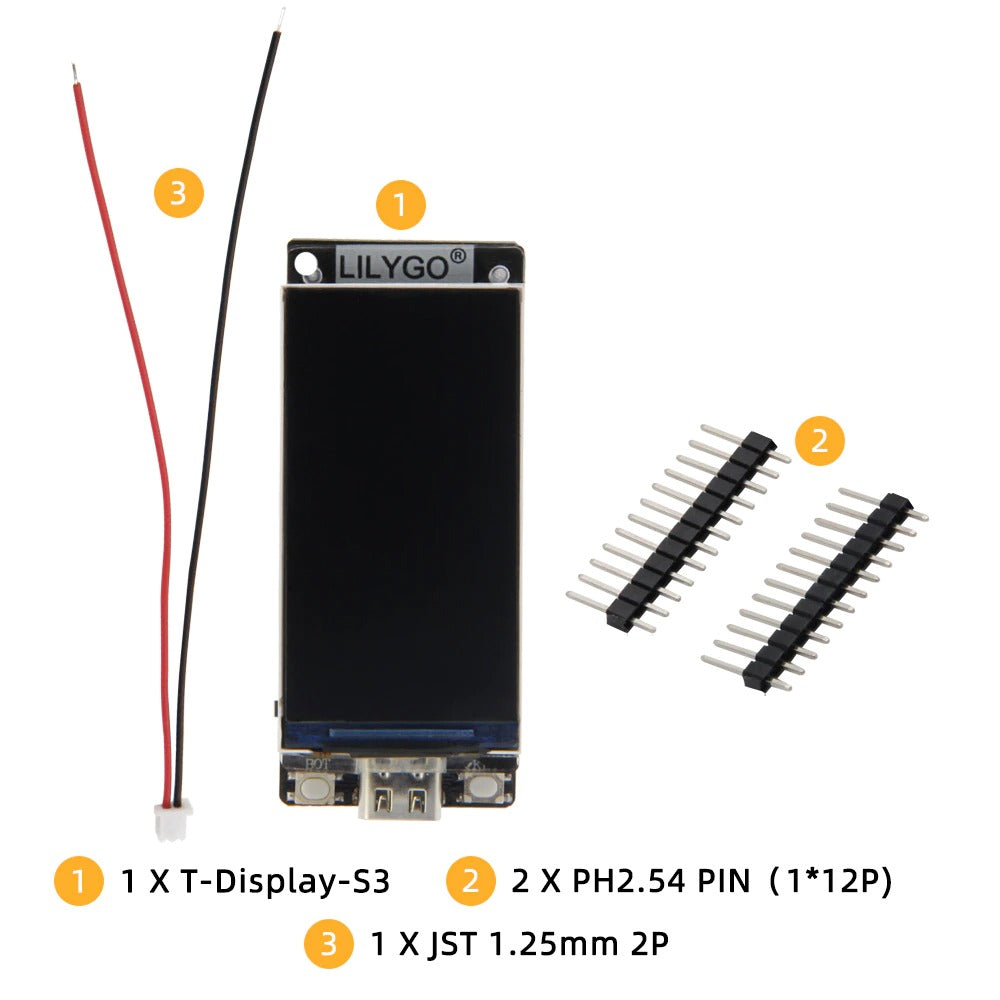 Image of LilyGO TTGO T-Display S3 ESP32-S3 med pin headers loddet på, JST kabel til at forbinde til et batteri