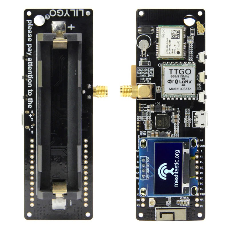 forsiden og bagsiden af LILYGO TTGO Meshtastic T-Beam LoRa 868Mhz
