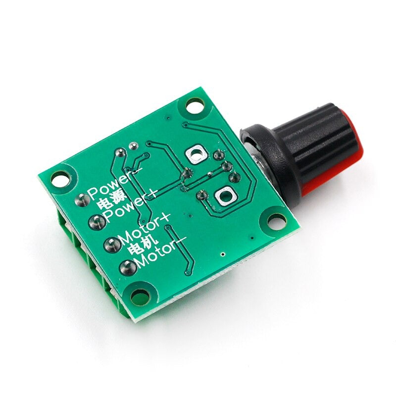 Image of bagsiden af et PWM DC Motor Speed controller modul, der vender mod højre
