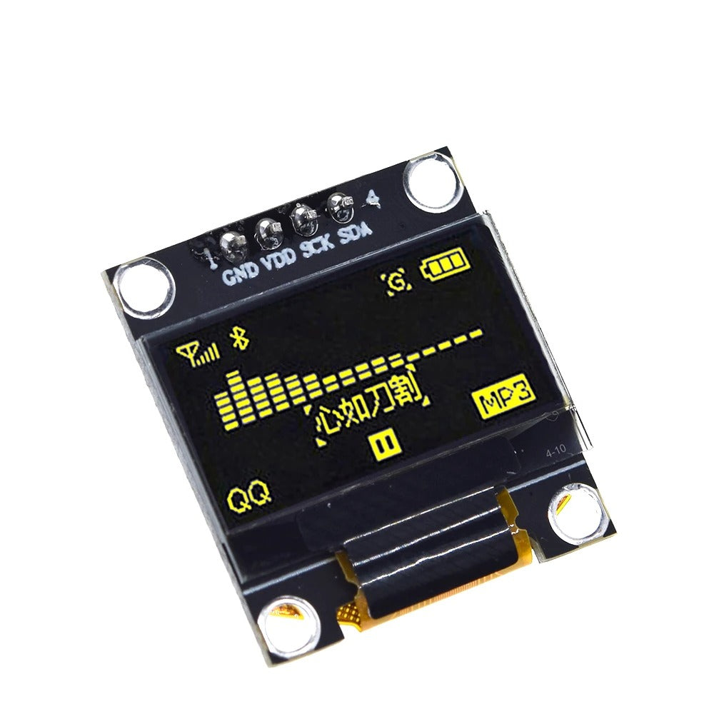 et 0.96" OLED display 128x64 pixels med sorte baggrund og gul pixels