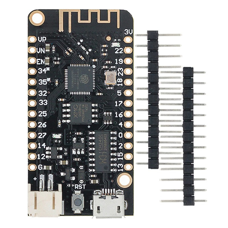 Image of ESP32 WEMOS LOLIN32 Lite V1 med pin, der vender mod nedad 